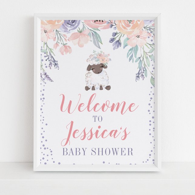Rosa Lila Blommigt Lamb Baby Shower Välkomstskylt Poster (Skapare uppladdad)