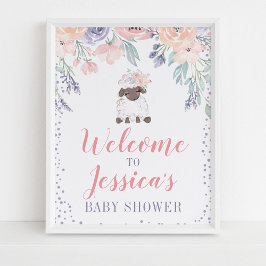 Rosa Lila Blommigt Lamb Baby Shower Välkomstskylt Poster