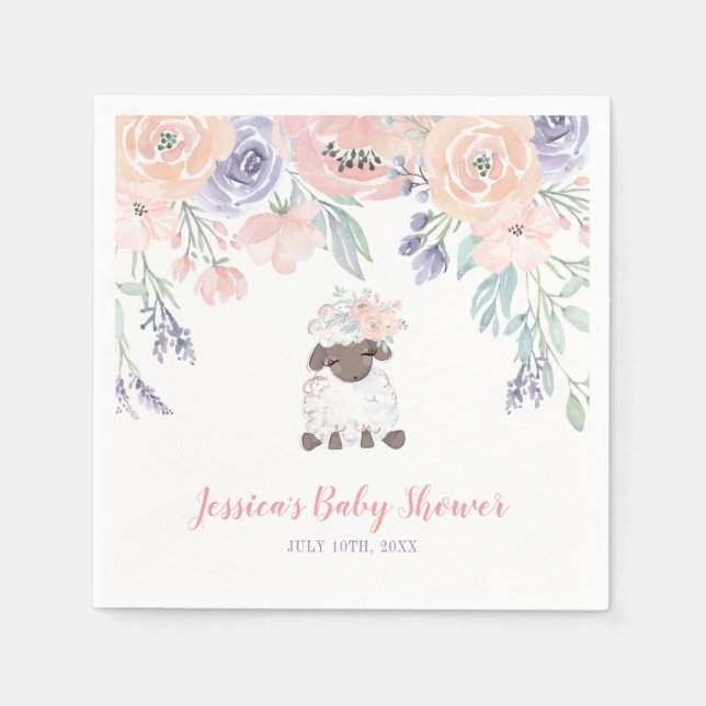 Rosa Lila Blommigt Lamb Girl Baby Shower Pappersservett (Framsidan)