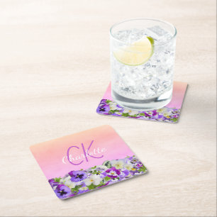 Rosa lila blommigt namn monogram underlägg papper kvadrat