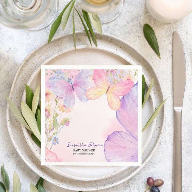 Rosa Lila Blommigt Oh Baby Butterfly Baby dusch Pappersservett (Skapare uppladdad)