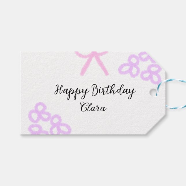 Rosa lila blommigt pastel grattis på födelsedagen presentetikett (Framsidan (Horisontell))
