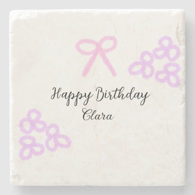 Rosa lila blommigt pastel grattis på födelsedagen stenunderlägg (Framsidan)