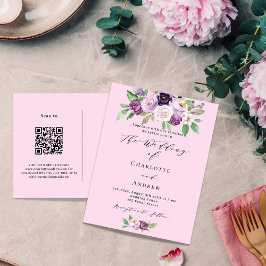 Rosa lila blommigt QR-kodinformation OSA bröllop Inbjudan Vykort
