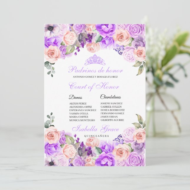 Rosa & Lila Blommigt Quinceanera Court of Honor Inbjudningar (Stående Fram)
