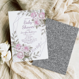 Rosa Lila Blommigt Silver Glitter Baby Shower Baby Inbjudningar
