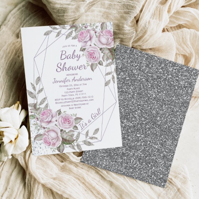 Rosa Lila Blommigt Silver Glitter Baby Shower Baby Inbjudningar (Skapare uppladdad)