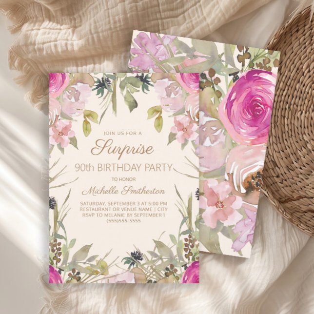 Rosa Lila Blommigt Surprise 90:e Birthday Invita Inbjudningar (Elegant pink watercolor floral Surprise 90th birthday party invitation)