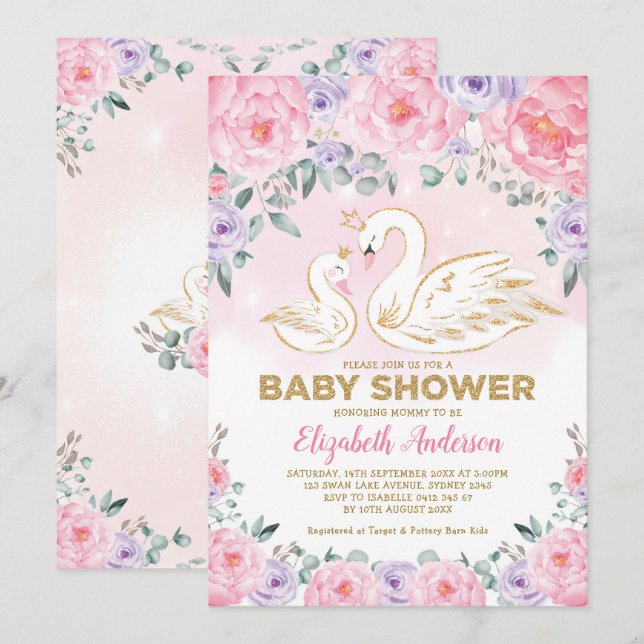 Rosa Lila Blommigt Svan Princess Baby Shower Inbjudningar (Fram/baksida)