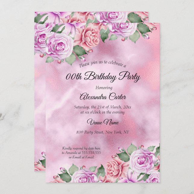 Rosa Lila Blommigt VattenfärgFödelsedagsfest Inbjudningar (Fram/baksida)