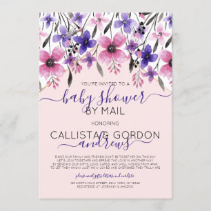 Rosa Lila Blommigt Vattenfärgsbabyskor efter post Inbjudningar