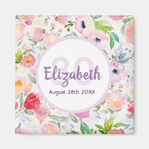 Rosa lila blommigt vid födelsedag monogram magnet