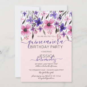 Rosa Lila Blommigt Watercolor Quinceañera Inbjudningar