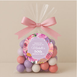 Rosa Lila blommor 50:e Födelsedagsfestens Tack Runt Klistermärke