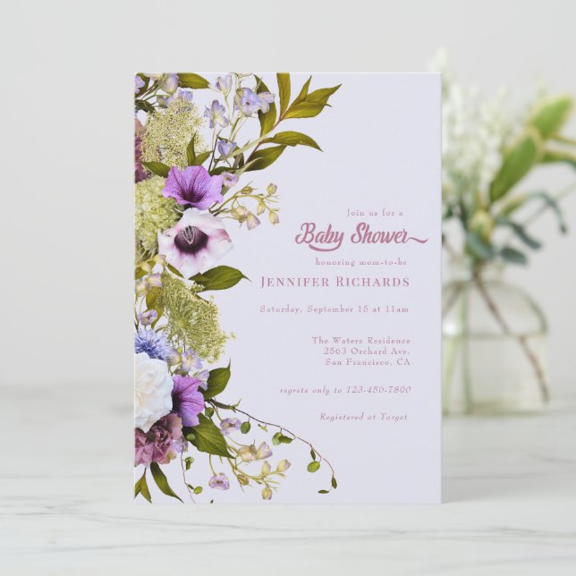 Rosa lila blommor | Bloom Baby Shower Inbjudningar (Stående Fram)