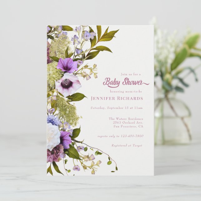 Rosa lila blommor | Bloom Baby Shower Inbjudningar (Stående Fram)