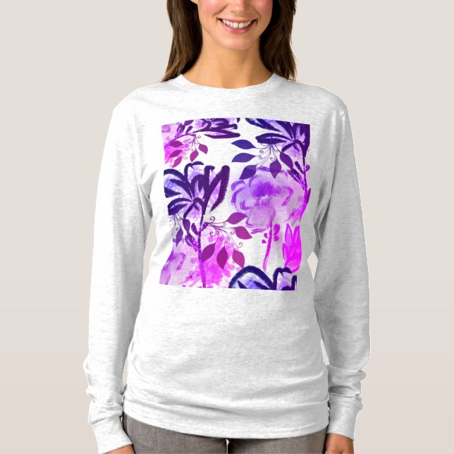 Rosa lila blommor Botaniskt mönster T Shirt (Framsida)