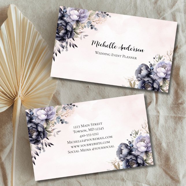 Rosa lila blommor Bröllopshändelseplanerare Visitkort (Purple Watercolor Floral Wedding Event Planner, Florist Feminine Business card for her)