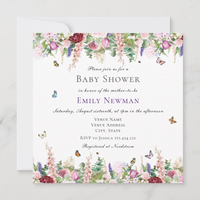 Rosa Lila blommor Butterflies Square Baby Shower Inbjudningar (Framsida)