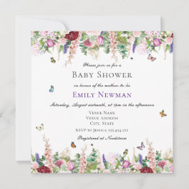 Rosa Lila blommor Butterflies Square Baby Shower Inbjudningar
