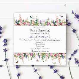 Rosa Lila blommor Butterfly Square Baby Shower Inbjudningar