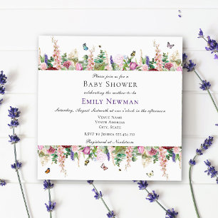 Rosa Lila blommor Butterfly Square Baby Shower Inbjudningar