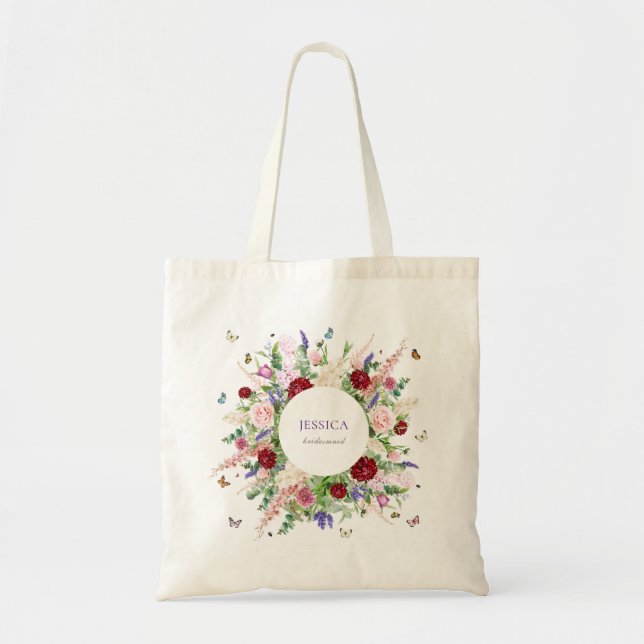 Rosa lila blommor & fjärilar brudtjänstebrudar  tygkasse (Framsidan)