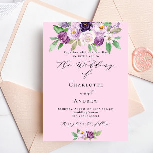 Rosa lila blommor grönska script bröllop inbjudningar