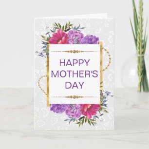 Rosa lila blommor & guldglitter Mors dag Kort