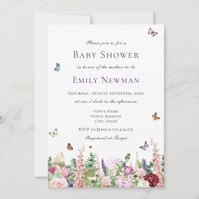 Rosa Lila blommor med Butterflies Baby Shower Inbjudningar (Framsida)