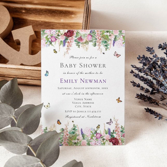 Rosa Lila blommor med Butterflies Baby Shower Inbjudningar (Skapare uppladdad)