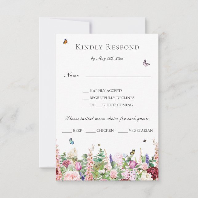 Rosa Lila blommor med Butterflies Menu OSA Kort (Framsida)