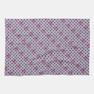 Rosa lila blommor och svart polka dots kökshandduk