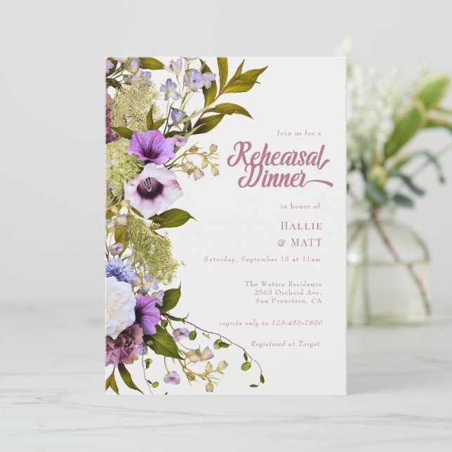 Rosa lila blommor | Upprepningsmiddag Inbjudningar (Stående Fram)