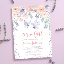 Rosa lila blomster fjäril flicka baby shower