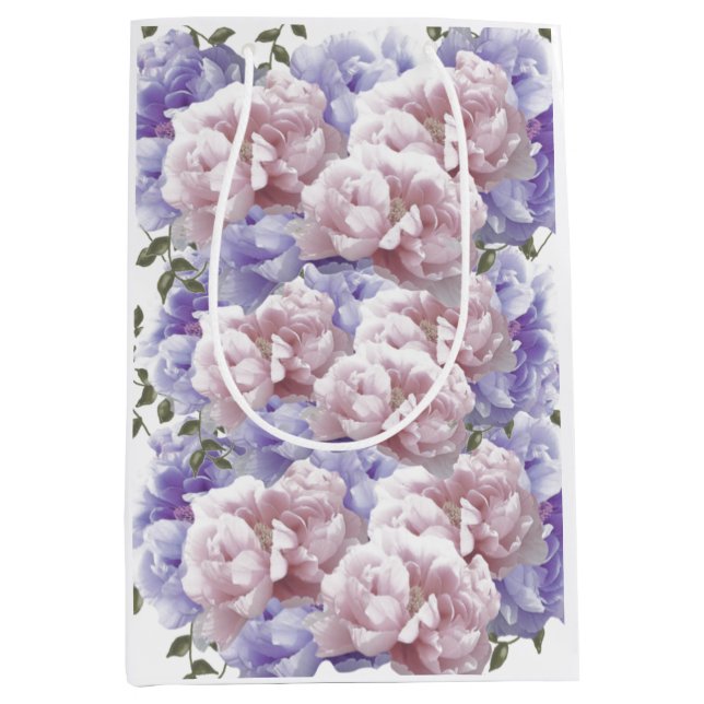 Rosa lila blomster peony mellanstor presentpåse (Framsidan)