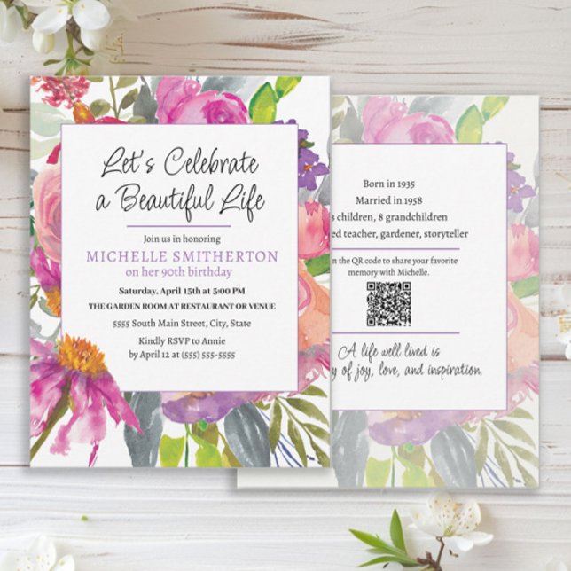 Rosa lila blomster QR-kod 90-årsdag Inbjudningar (Pink and purple watercolor floral 2-sided QR code 90th birthday party invitation)