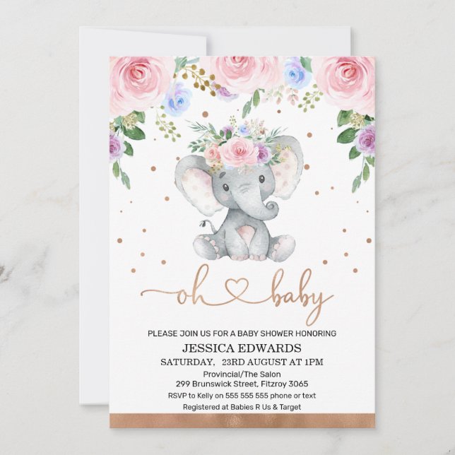 Rosa Lila Blue Blommigt Elephant Baby Shower Inbjudningar (Framsida)