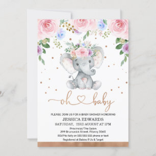 Rosa Lila Blue Blommigt Elephant Baby Shower Inbjudningar