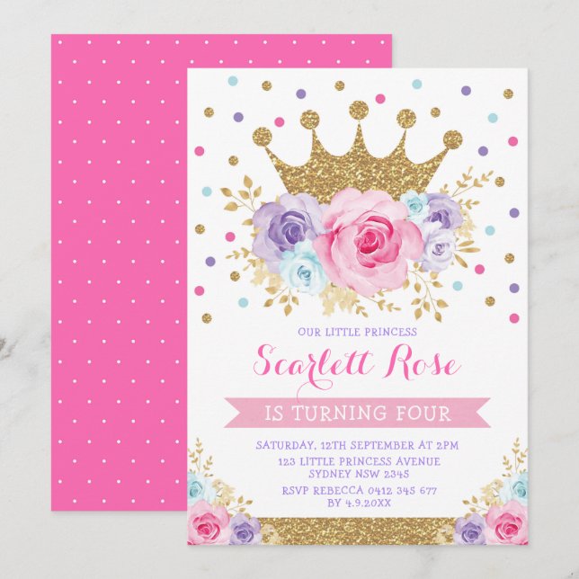Rosa Lila Blue Blommigt Krona Princess Birthday Inbjudningar (Fram/baksida)