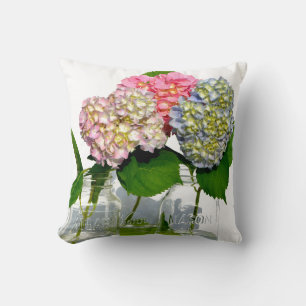 Rosa lila blue Hydrangeas och Mason burk Kudde