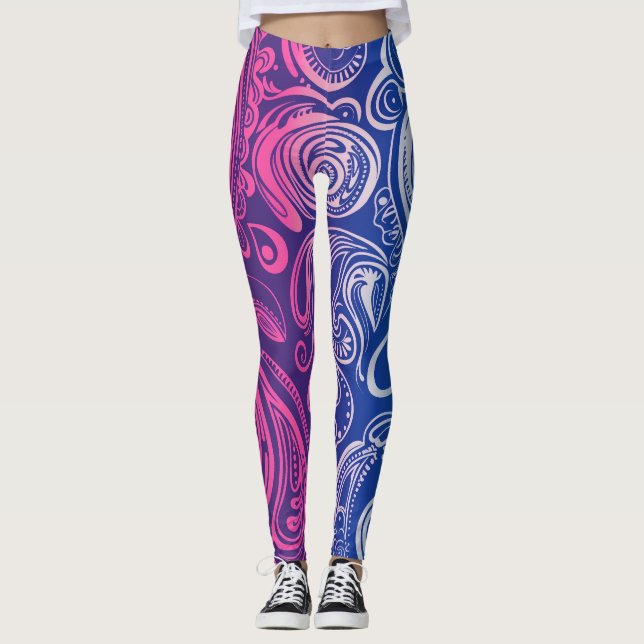 Rosa Lila Blue Paisley Mönster Yoga Leggings (Framsida)