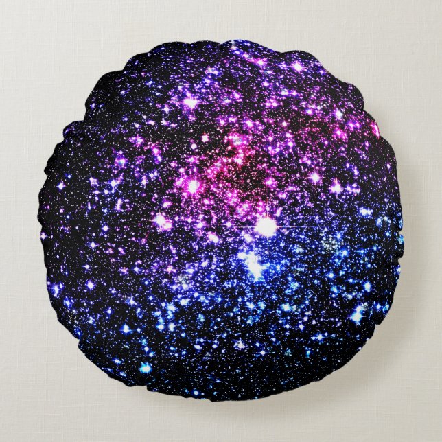 Rosa Lila Blue Stars Galaxy Round Pillow Rund Kudde (Framsidan)