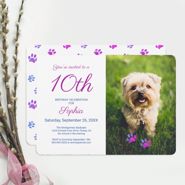 Rosa Lila Blue Tass avtryck Pet Photo Birthday Inbjudningar (Skapare uppladdad)