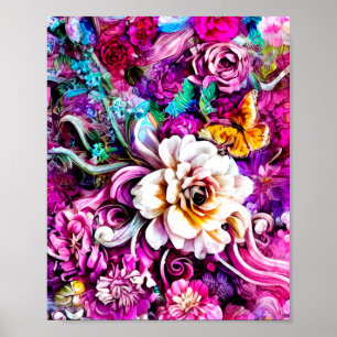 Rosa Lila Blue Teal White Garden Flowers Fantasy Poster