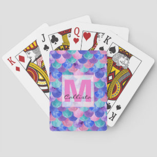 Rosa Lila Blue Watercolor Sjöjungfru  Monogram Casinokort