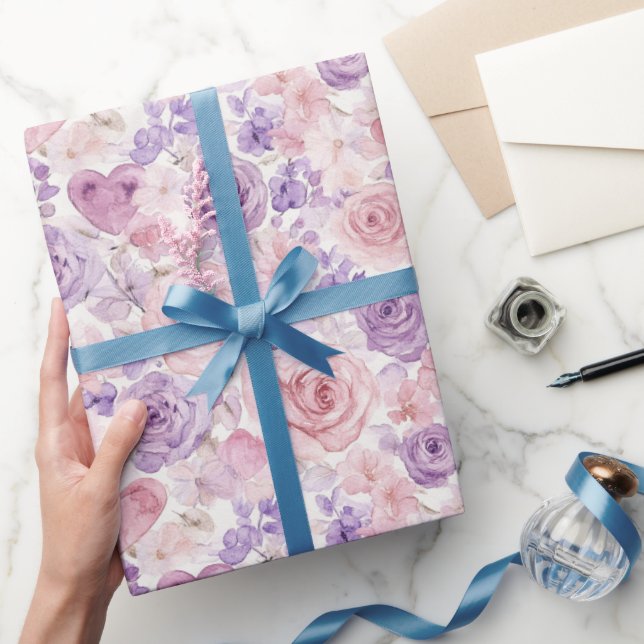 Rosa Lila Blush Blommor Hjärtan Alla Hjärtans Dag Presentpapper (Gifting)