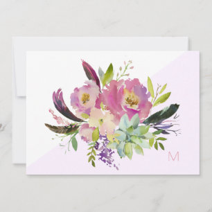 Rosa Lila Boho Blommigt Monogram Note Card Tack Kort