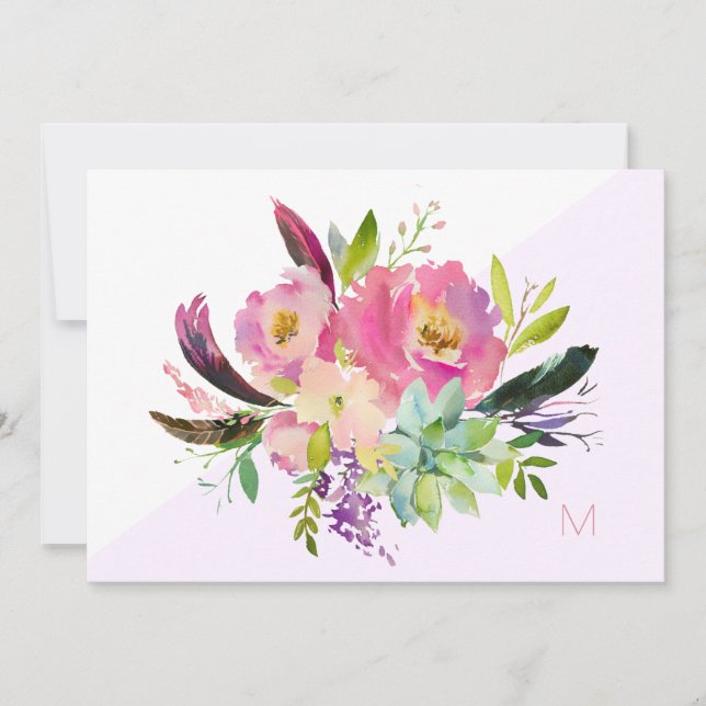 Rosa Lila Boho Blommigt Monogram Note Card Tack Kort (Framsida)