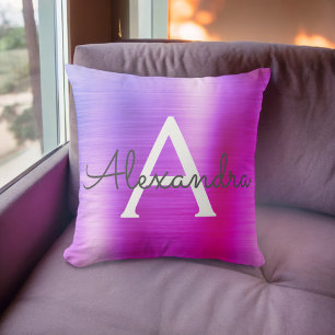 Rosa Lila Brushed Metall Monogram Namn Initial Kudde